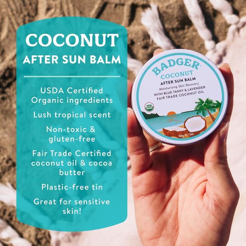 Badger Coconut AfterSun Balm - 100% Organic Sunburn Relief & Hydration | Soothing Skin Care, 2 oz Tin