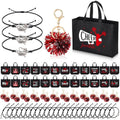 Landical 72 Pcs Red Cheerleading Gifts 24 Cheer Bags Portable 24 Pom Pom Keychain 24 Cheerleading Bracelet Canvas Makeup Bag Bulk Cheer Gifts Female Teammates Toiletries Accessories
