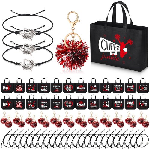 Landical 72 Pcs Red Cheerleading Gifts 24 Cheer Bags Portable 24 Pom Pom Keychain 24 Cheerleading Bracelet Canvas Makeup Bag Bulk Cheer Gifts Female Teammates Toiletries Accessories