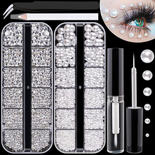 Flat Back Rhinestones&Pearls Kits Round Glass Crystal Transparent White Gems+White Pearls with Quick Dry Makeup Glue+Picker Pencil+Tweezer for Nail Art and Face Eye Body Make-up