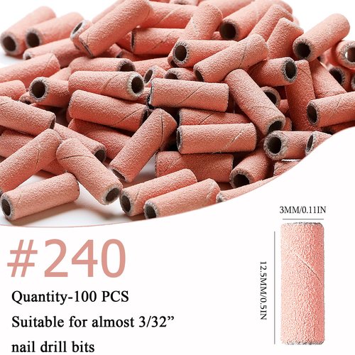 ERUIKA 100pcs Nail Drill Bits Small Sanding Bands with 3.1mm Mandrel Bit, 240 Extra Fine Grit Nail File Sanding Bands for Acrylic Nails Gel Removing Shaping Manicures and Pedicure (Pink, 240 Grit)