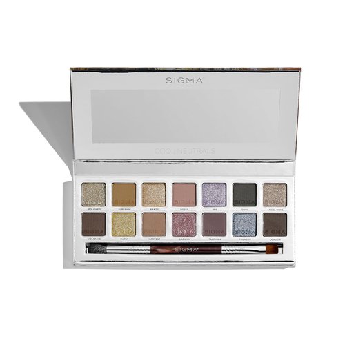 Sigma Beauty Cool Neutrals Eyeshadow Palette with Dual-Ended Brush, 14 Cool-Toned Eye Shadows - Includes Mirror, Waterproof Technology, Mixture of Finishes, 2-Year Warranty