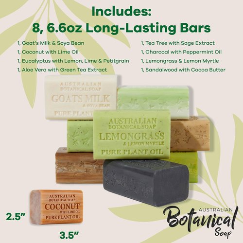 Australian Botanical Soap, 6.6 OZ Bars, Goat Milk, Eucalyptus, Sandalwood, Coconut, Charcoal, Aloe Vera, Lemongrass, and Tea Tree, Enriched with Organic African Shea Butter, Variety Pack of 8