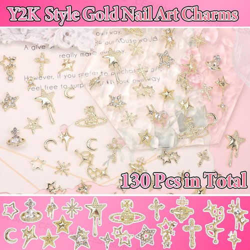 130 Pcs Alloy Gold Star Cross Nail Charms, 21 Styles 3D Y2K Metal Star Cross Moon Planet Gold Nail Charms and Gems for Nails Art Design DIY Accessories
