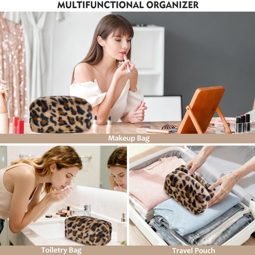 STARDW Leopard Print Makeup Bag - Plush Faux Fur Travel Cosmetic Pouch with Zipper