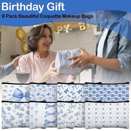 16 Pcs Bow Makeup Bags Bulk for Women Blue Coquette Aesthetic Preppy Cosmetic Bags Bow Floral Canvas Toiletry Bags Aesthetic Travel Zipper Pouches for Bridesmaids Wedding Party Favors Supplies