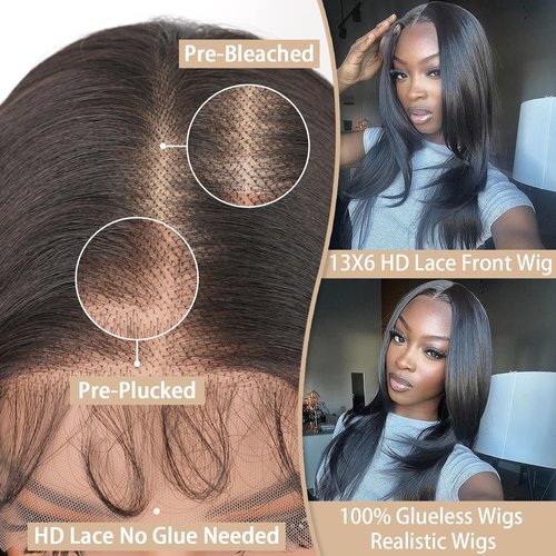 PREMPO 13x6 Lace Front Wigs, 28 Inch Wavy Wig Pre Plucked 180% Density Wear and Go Glueless Wigs As Human Hair Heat Resistant Synthetic Wig with Baby Hair, Natural Black Wig