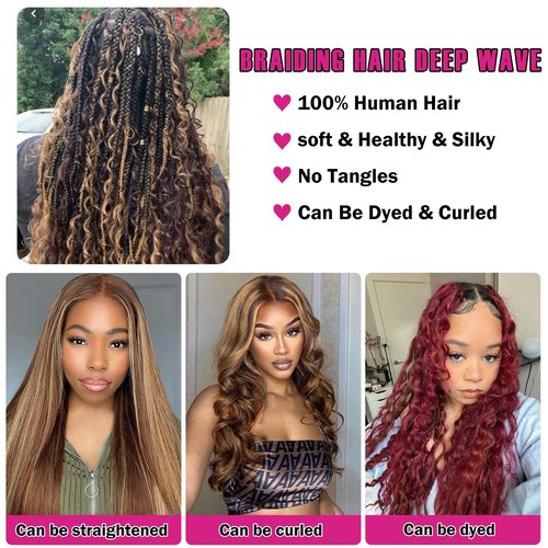 Highlight Human Braiding Hair for Boho Braids 110g Deep Water Wave Bulk Human Hair for Braiding Knotless 12A Curly Bulk Bohemian 3 Bundles P/430 Unprocessed Brazilian Ombre Extensions 18 Inch