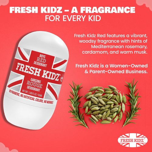 Fresh Kidz Roll On Deodorant for Kids and Teens - Baking Soda and Aluminum-free 24 Hour Protection for Sensitive Skin - Boys "Red" 1.86 fl.oz. (2 Pack)