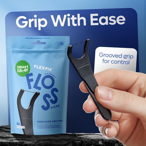 SmartLifeco Eco-Friendly Angled Dental Floss Picks (200ct) - Flossers Made With Straw Wheat Blend, Natural Whitening, Tooth Pick Stick For Adults, Vegan, Bamboo Charcoal Thread For Back Teeth & Molars