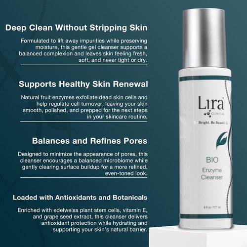 Lira Clinical BIO Enzyme Cleanser - Papaya Gel Face Wash for Sensitive Skin | Hydrating Exfoliating 6 Oz