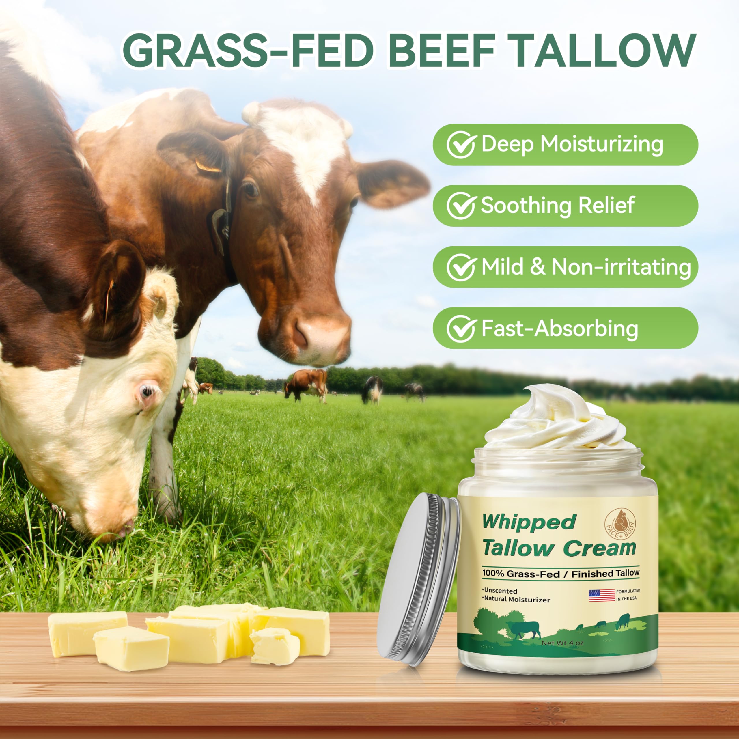 ZIIDII Beef Tallow for Skin, Organic Grass Fed Whipped Beef Tallow Balm Moisturizer Deeply Nourishing for Face & Body, Natural Unscented Tallow Face Moisturizer Cream for Dry Skin, 4oz