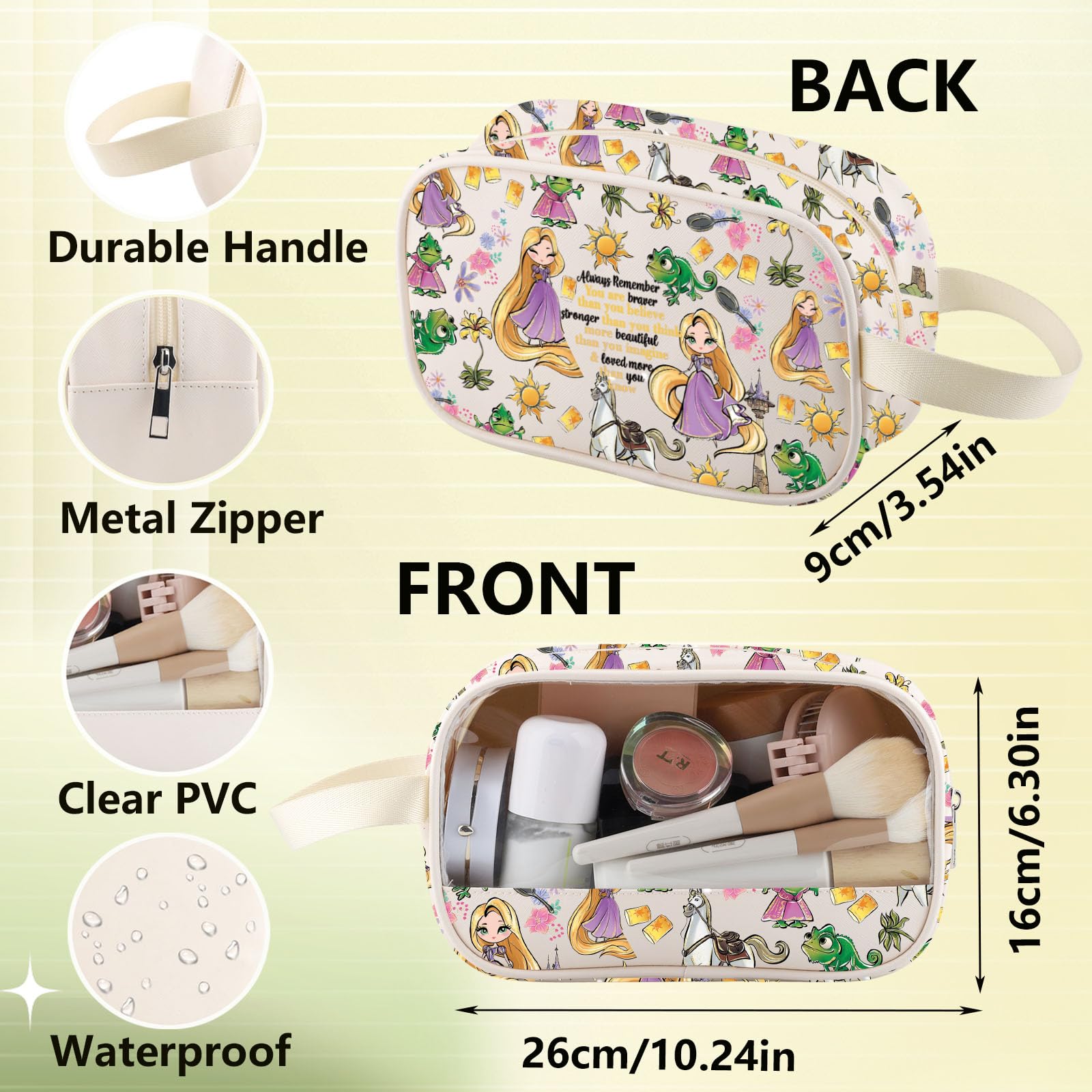 WZMPA Princess Hair & Sun Cosmetic Bag Fairy Tales Fans Gift You Are Braver Stronger Beautiful Than You Know Hair Movie Makeup Zipper Pouch Bag (Always Hair-CMB)