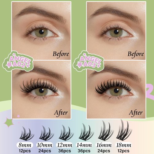 KEYYOU LASH Extension Kit 144Pcs Angel Lash Clusters Kit Thick Eyelash Extension Kit with Glue and Seal,Tweezers,Remover for DIY lash extension kit at Home（Kit-Angel A02-D-8-18MIX）