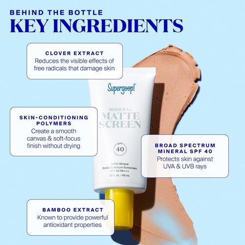 Supergoop! Mineral Mattescreen (SPF 40) - 20 mL - Mineral, Oil-Free Broad Spectrum Sunscreen - Smooths Skin’s Appearance, Minimizes Pores & Controls Shine - Water & Sweat Resistant