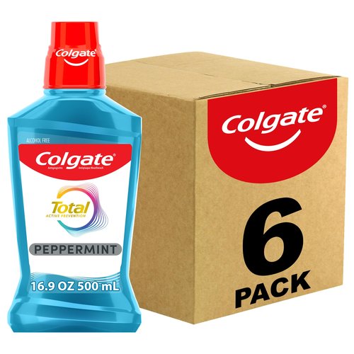 Colgate Total Pro-Shield Alcohol Free Mouthwash, Antibacterial Formula, Peppermint - 500 mL, 16.9 fluid ounce (6 Pack)