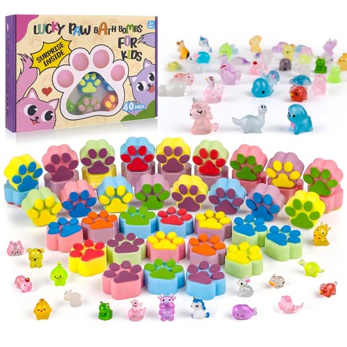 Bath Bombs for Kids with Surprise Inside, 40 Large Number Pack Paw Shape Bath Bombs Gift Set, Natural Organic Kids Bubble Bath Fizzy for Girls Boys with Bath Toys Inside