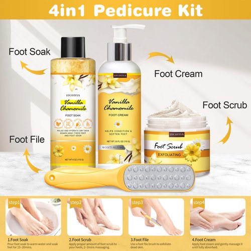 LUCOTIYA Foot Soak Set Pedicure Kit, Vanilla chamomile Foot Soak Salts, File, Scrub & Urea Cream,Pedicure Supplies for Dry Cracked Feet for Women