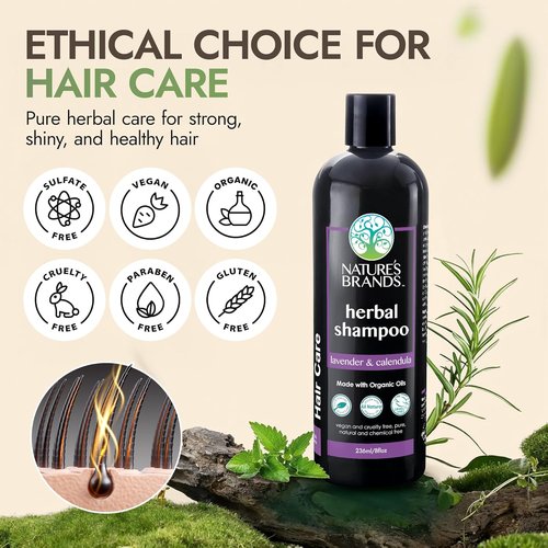 Nature's Brands - Herbal Choice Mari Natural Shampoo for Dry Hair - Organic Olive Oil & Rosemary Extract, 8 Fl Oz | Vegan & Cruelty-Free, Lavender & Calendula Infusion