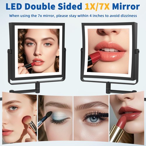 Ruacq Rechargeable Wall Mounted Makeup Mirror with Lights, Double Sided 1X/7X Magnifying Vanity Mirror with 3 Color Lighting, Touch Screen Dimmable, 360° Rotation Extension Foldable Arm(Matte Black)