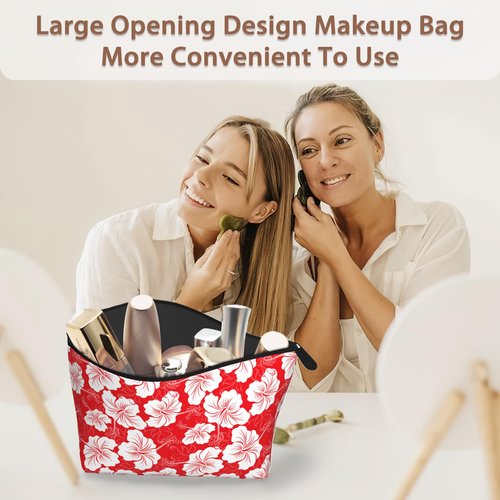 Red White Hibiscus Flower Cosmetic Bags for Women,Hawaiian Small Makeup Bag for Purse Travel Toiletry Bag Make up Accessories Organizer Zipper Pouch Gift Idea