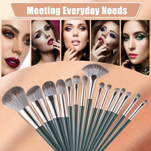 Amrules Makeup Brushes, 14 Pcs Professional Makeup Brush Set, Eye and Face Foundation Brush Set, Eyeshadow Brushes, Cosmetic Brushes with 2 Blender Sponge and PU Makeup Pail, Dark Green