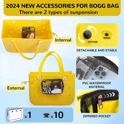 Retooler 4 Packs Clear Bogg Bag Accessories with a Pair of Arm Sleeves and 2 Packs Decoration Charms for Bogg Bag Beach Tote Bag Travel Cellphone Makeup Clean Toiletry Brush Cosmetic Organizer- Black