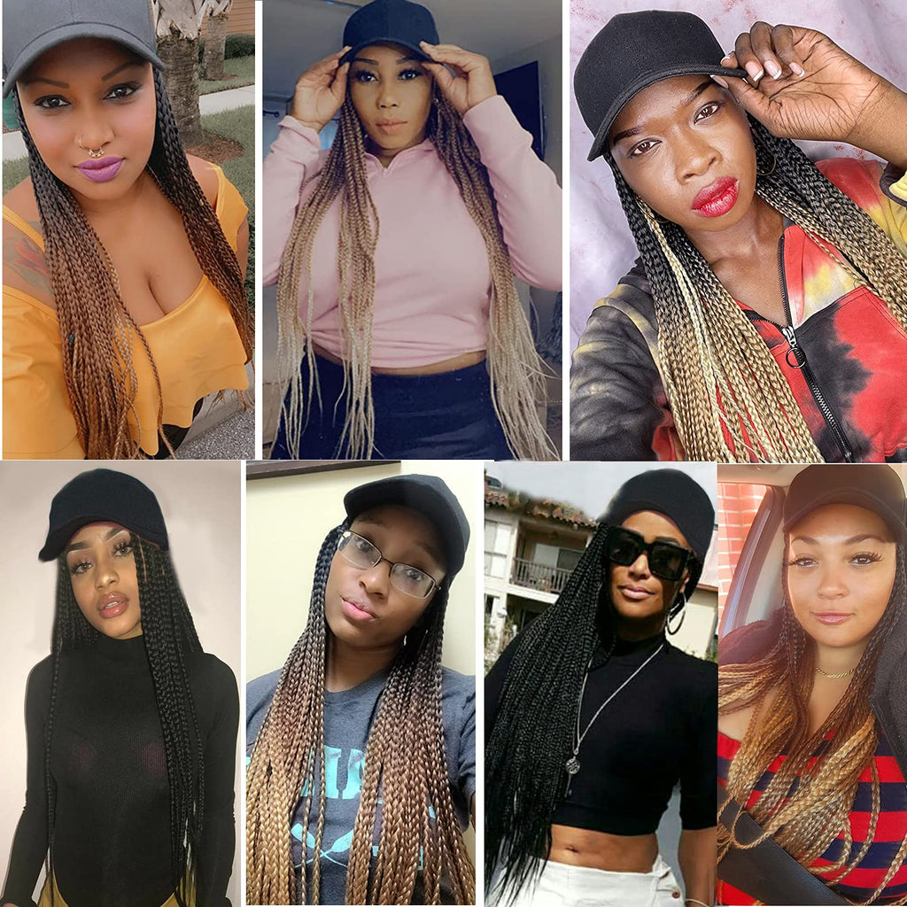 Yunkang Hat Wig for Women Baseball Cap with Braided Hair Attached Synthetic Black Box Braid Wig Hat Adjustable Cap with 24inch Black Braids for Daily Outdoor Use