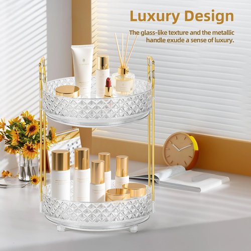 LAREKUN 360 Rotating Makeup Organizer for Vanity, 2Tier Adjustable Perfume Organizer for Dresser, Multi-Function Spinning Cosmetics Skincare Storage for Bedroom, Dresser, Countertop, Clear
