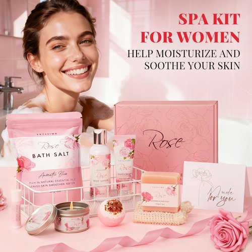 Gifts for Women, Birthday Gifts for Women, Bath and Body Gift Basket Mothers Day Gifts, Rose Home Spa Set Self Care Gift, Thank You for Mom Sister Her Teacher Friends Friendship