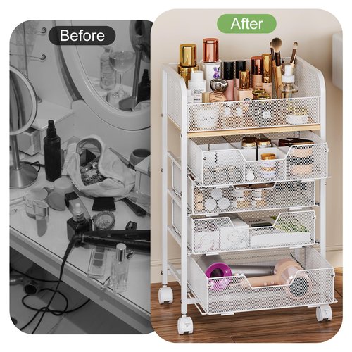 Hongtamoya Makeup Cart Organizer with 4 Drawers, Large Floor Skincare Organizers, Vanity Storage Organizer Cosmetics Display Cases for Skin Care Perfume Nail Polish, White