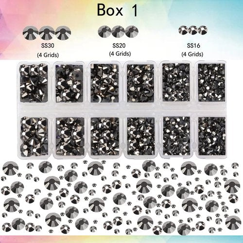 2-Box Massive Beads 8000pcs 6Sizes Nail Art Flatback Glasses Rhinestones Crystal for DIY Project with Tweezers and Picking Pen for Nail Art, Face Art, Manicure (Silver Flare, 6 Sizes)
