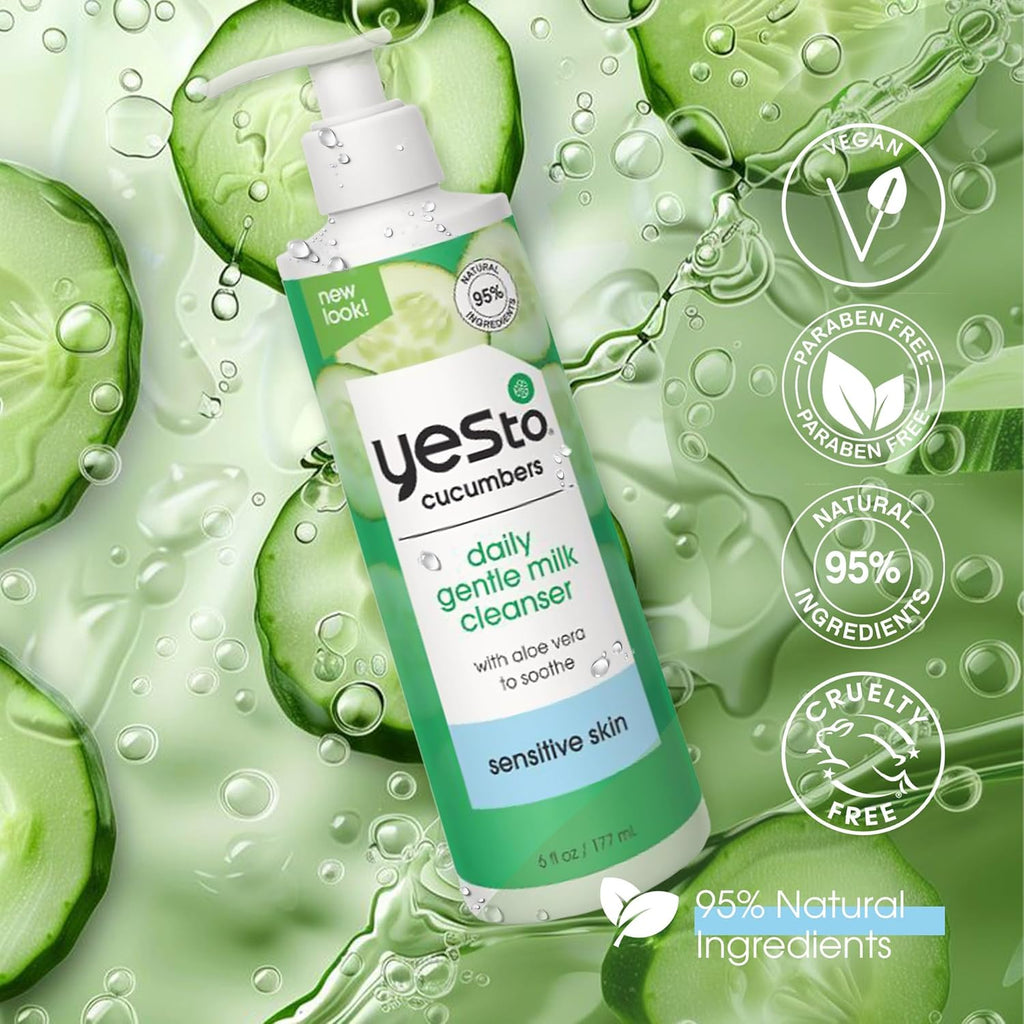 Yes To Cucumbers Daily Gentle Milk Cleanser - Soothing Vegan Face Wash with Cucumber Extract, 6 Fl Oz