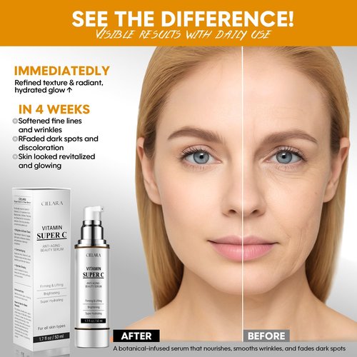 CIELARA Vitamin C Serum for Face, Anti Aging 20% Super C Serum With Vit C Hyaluronic Acid, Vitamin E, Peptides, Collagen Wrinkle Serume for Dark Spot, tighten, firming, lift, Brightening-1.7 Fl Oz