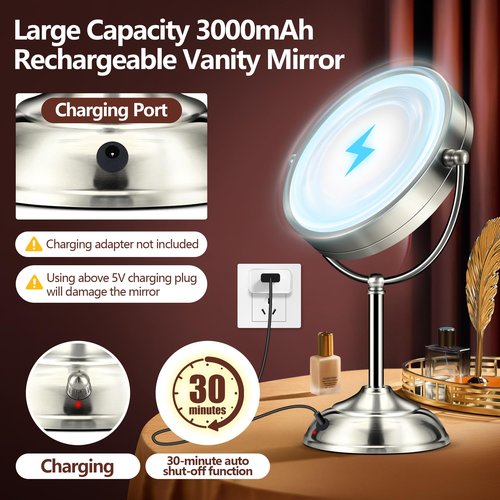 15X Magnifying Mirror with Light, Rechargeable 9" Lighted makeup mirror with magnification, 3 Color Modes, Adjustable Brightness, No Assembly Required, 360° Rotation Cosmetic Mirror, Pearl Nickel