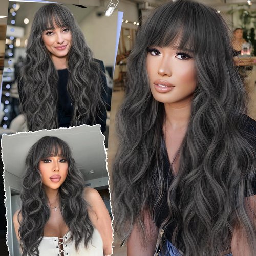 AISI HAIR 【Beginner Friendly Wigs Gray and white Wig with Bangs Long Wavy Synthetic Wig for Women with Daily Party Use
