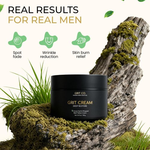 Beef Tallow for Men's Face & Skin – GRIT CREAM – Anti Aging Wrinkle Cream Moisturizer – Unscented Whipped Balm – 3.4 oz