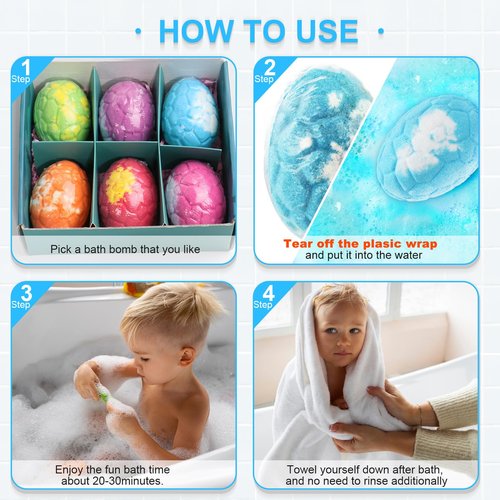 Bath Bombs for Kids with Surprise Inside, 6 Pack Dinosaur Toys Toddler Bath Bombs Gift Set, Organic Bubble Bath Fizzies with Dinosaur Egg, Birthday Gifts for Kids Boys Girls 3-12