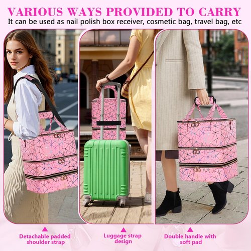 QIYFDDF Nail Polish Organizer Bag,3-layer Pink PU Leather Nail Organizer and storage,Holds 84 Bottles of Nail Polish and Nail Lamp,Large Holder Travel Carrying Case.