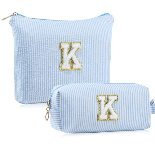 MSQ Initial Makeup Bags 2PCS Cosmetic Bag for Travel Toiletry, Birthday Gifts for Girls Girlfriend Teen Teacher Mom, Trendy Stuff Toiletry Bag, Blue K