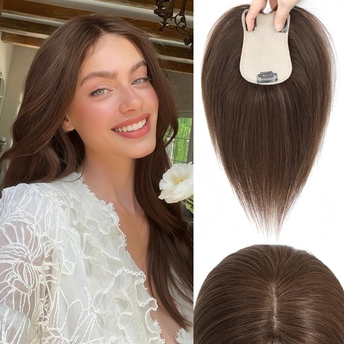 LEDIZE Hair Toppers for Women Real Human Hair, 360° Cover Middle Part Human Hair Toppers for Women with Thinning Realistic Scalp Line Upgrade Basement Toppers Hair Pieces Medium Brown, Side Bangs