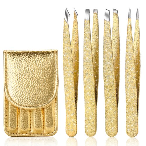 FungChoi 4-Pcs Glitter Stainless Steel Precision Tweezer Set for Eyebrows, Ingrown Hair & Lash Extensions (Gold)