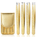 FungChoi 4-Pcs Glitter Stainless Steel Precision Tweezer Set for Eyebrows, Ingrown Hair & Lash Extensions (Gold)
