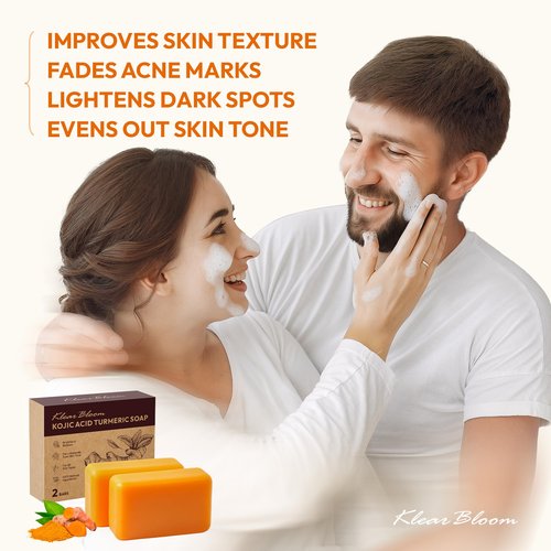 KlearBloom Kojic Acid Soap, Turmeric Soap Bar for Dark Spots Brightening & Moisturizing with Collagen, Vitamin E, Retinol, Hyaluronic Acid, Shea Butter, Paraben & Sulfate-Free 105g x 2 Bars