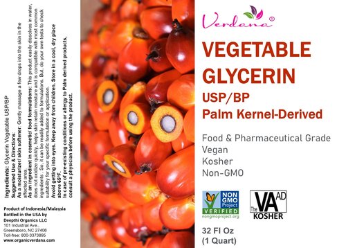 Verdana Vegetable Glycerin – USP, Food, Cosmetic Grade - Palm-Derived, No Soy Involved – Glycerine for Cosmetic & Personal Care and Skin, Hair & Other Formulations – Non-GMO, Vegan – 32 fl oz