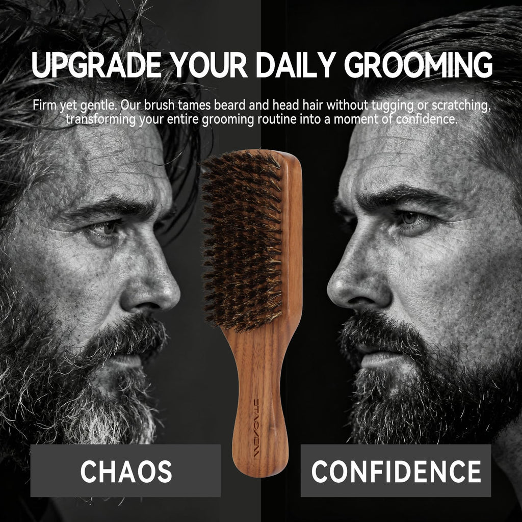 Walnut Wood Boar Bristles Beard Brush Kit for Men, Beard Grooming & Hair Styling Quiff, Pompadour, Slicked-back, Undercut, Straightens & Promotes Beard Growth - Works with Beard Oils and Balms