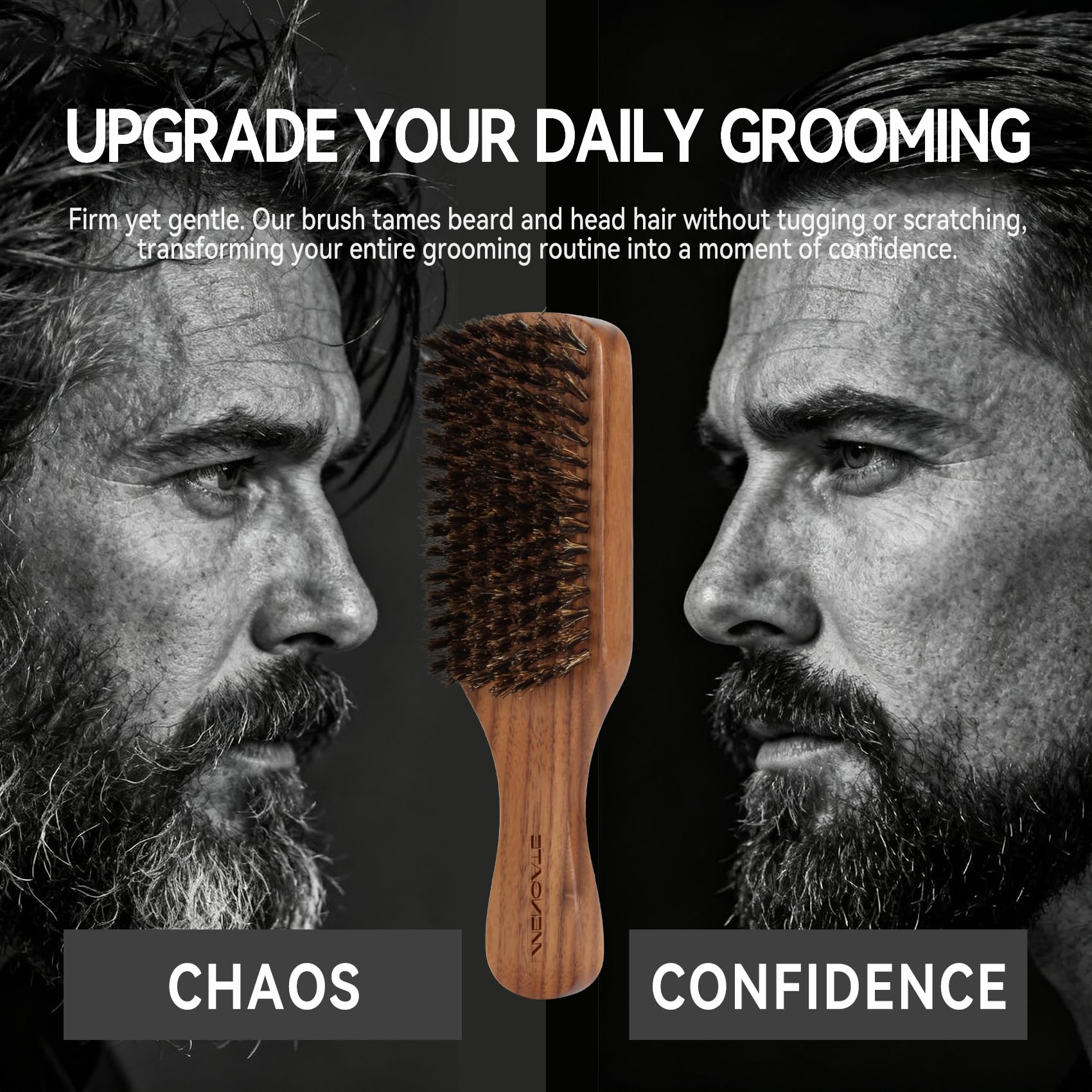 Walnut Wood Boar Bristles Beard Brush Kit for Men, Beard Grooming & Hair Styling Quiff, Pompadour, Slicked-back, Undercut, Straightens & Promotes Beard Growth - Works with Beard Oils and Balms