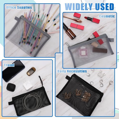 Tivcck 15 Pcs Mesh Zipper Pouch Bags, Nylon Travel Bags, Makeup Pouches for Organizing (Black, 9.5 x 7.5 Inch)