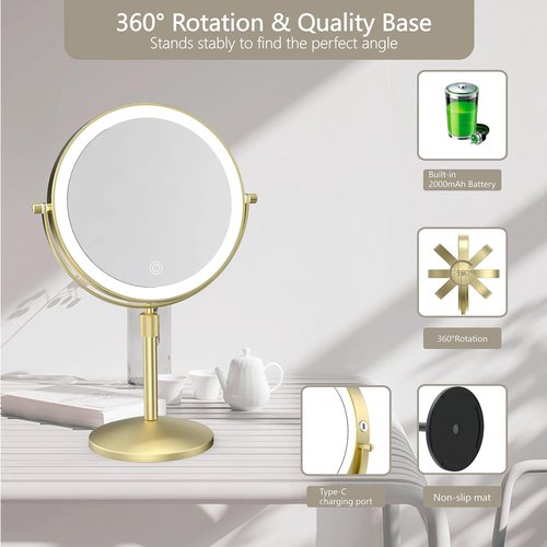 MIROAMZ 8" Lighted Makeup Mirror, 1X/10X Magnification Mirror with Lights, Double Sided Dimmable Mirrors, Rechargeable & Brightness & Height Adjustable, Cordless Vanity Mirror(Gold)