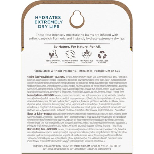 Burt's Bees Natural Rescue Lip Balm - Cooling Eucalyptus & Lemon | 4 Tubes of Hydration